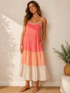 Tiered Spaghetti Strap Maxi Dress in Coral, Peach & Cream